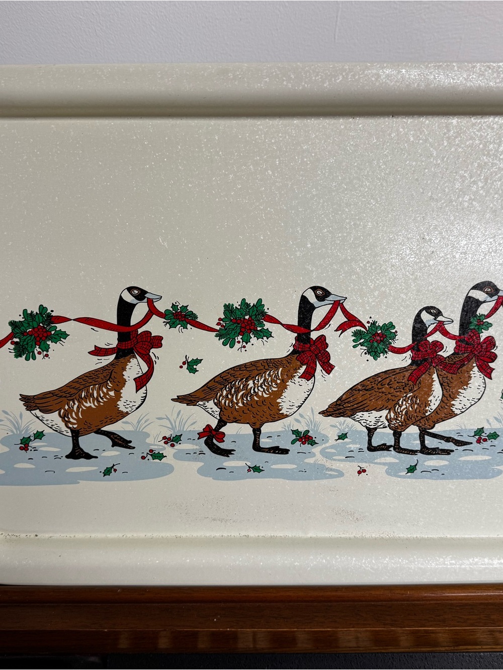 Festive Goose Holiday Tin Tray Cream and Red